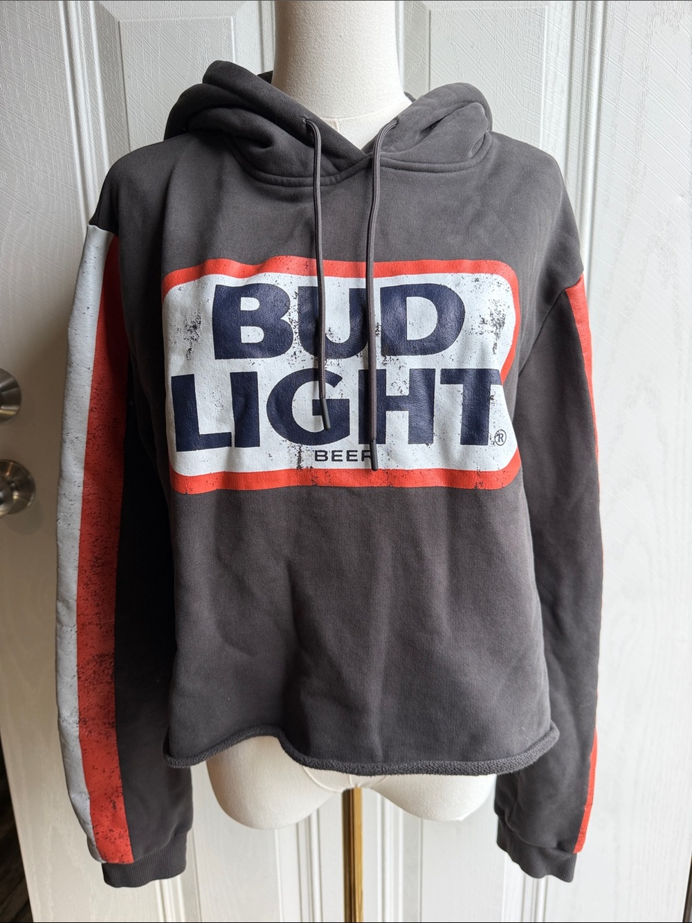 Bud Light Cropped Skater Y2K Festival Hoodie in Charcoal Size Large